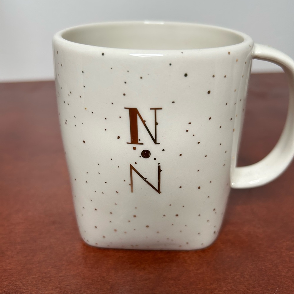 Anthropologie Cream Speckled Monogram Mugs
